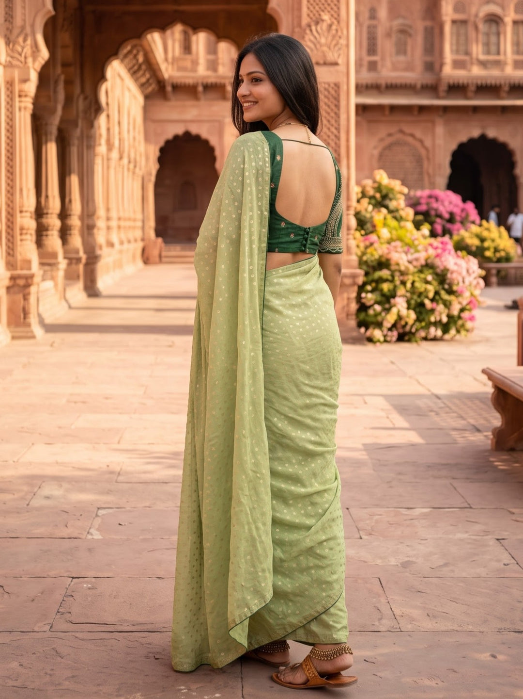 SHAKEY EMBROIDERED GREEN SAREE