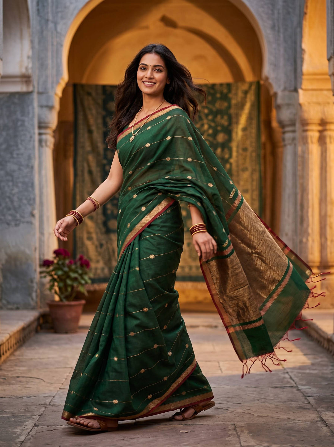 MAHESHWARI PAITHANI LIGHT GREEN SMALL BORDER