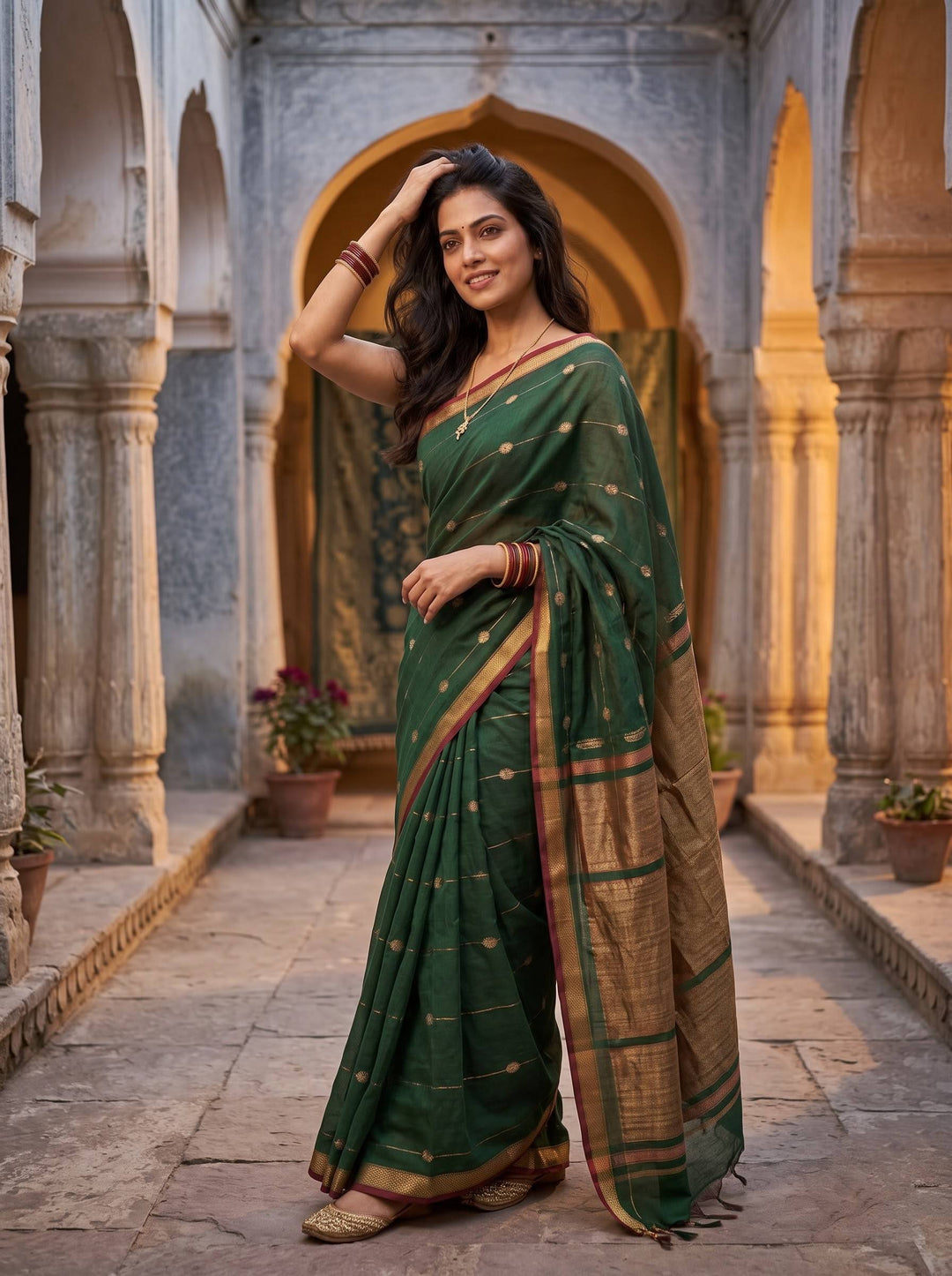 MAHESHWARI PAITHANI LIGHT GREEN SMALL BORDER