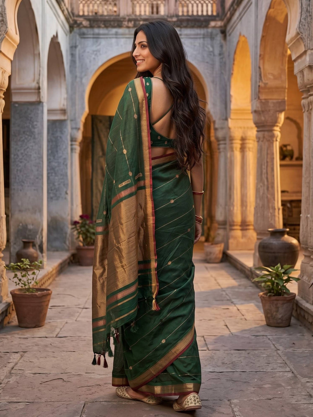 MAHESHWARI PAITHANI LIGHT GREEN SMALL BORDER