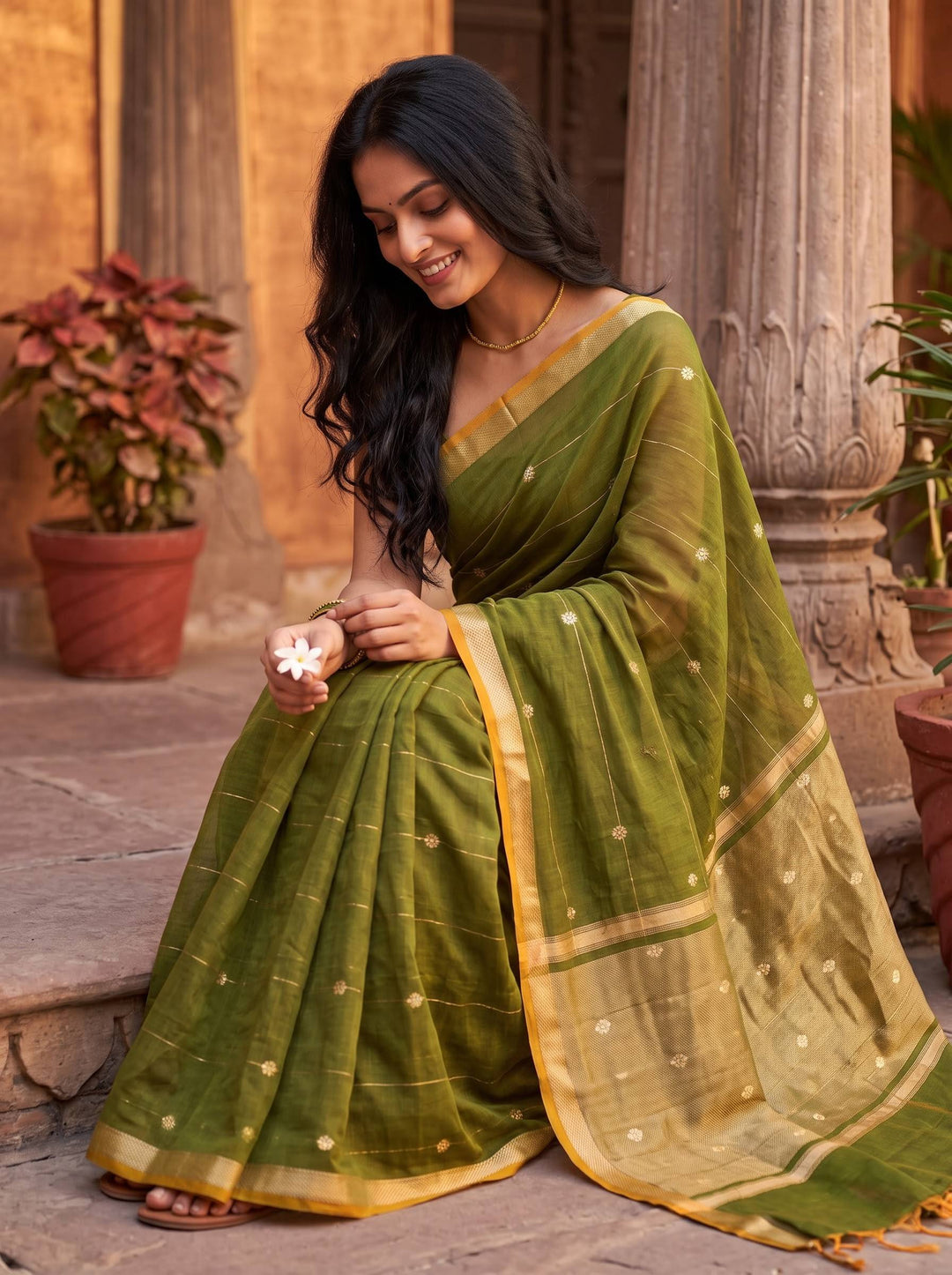 MAHESHWARI PAITHANI GREEN SMALL BORDER