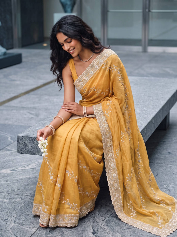 MEERA ETHNIC NET LIGHT YELLOW SAREE