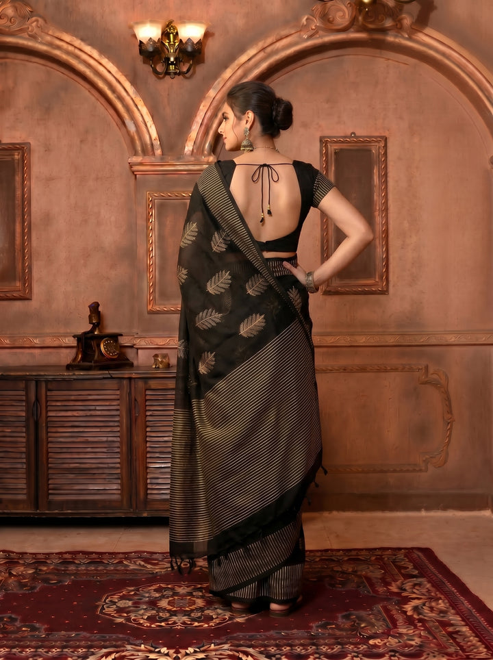 PREMIUM SOFT ART SILK SAREE WITH BLACK & WHITE STRIPED BORDER & ELEGANT LEAF MOTIFS - BLACK