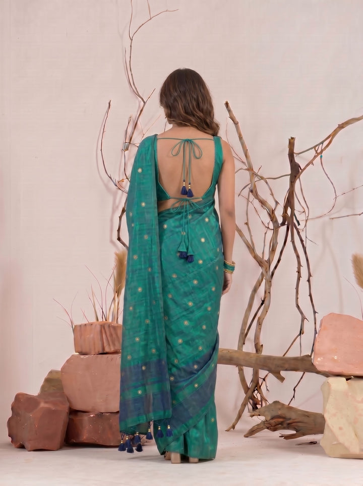 RAMA GREEN SOFT SILK BLEND SAREE WITH MIRROR WORK BUTTI & STYLISH TASSELS | CHANDERI SILK PARTY WEAR SAREE WITH UNSTITCHED BLOUSE PIECE