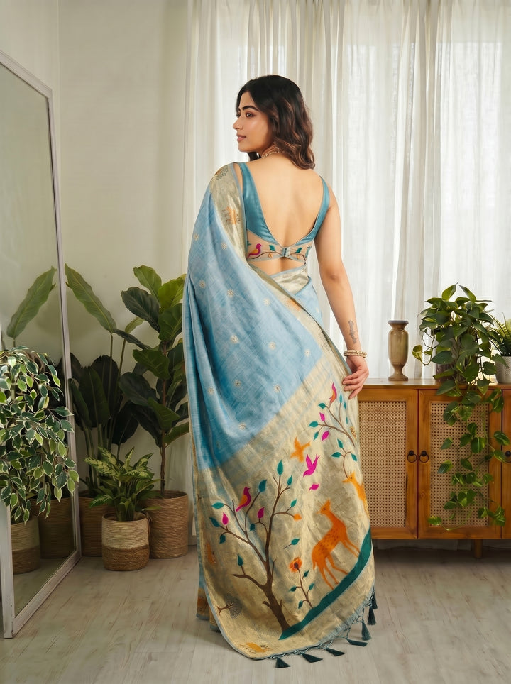 SKY BLUE SOFT COTTON SILK JACQUARD SAREE WITH ZARI BORDER | NATURE-INSPIRED DEER & BIRD MOTIFS DESIGNER SAREE WITH UNSTITCHED BLOUSE PIECE