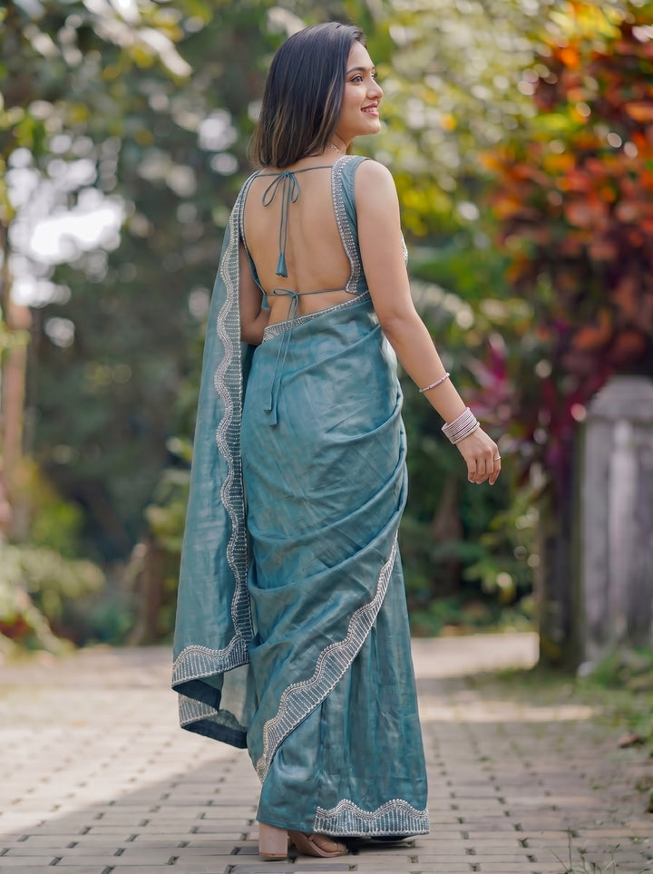Ocean Teal Shimmer Silk Saree with Designer Scallop Border
