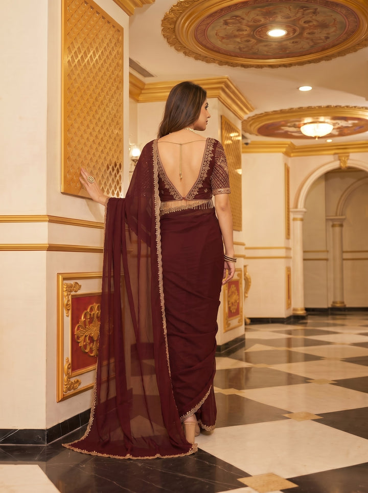 PREMIUM SOFT TANYA SILK SAREE WITH GOLDEN SCALLOPED CUTWORK BORDER & HEAVY EMBROIDERY BLOUSE