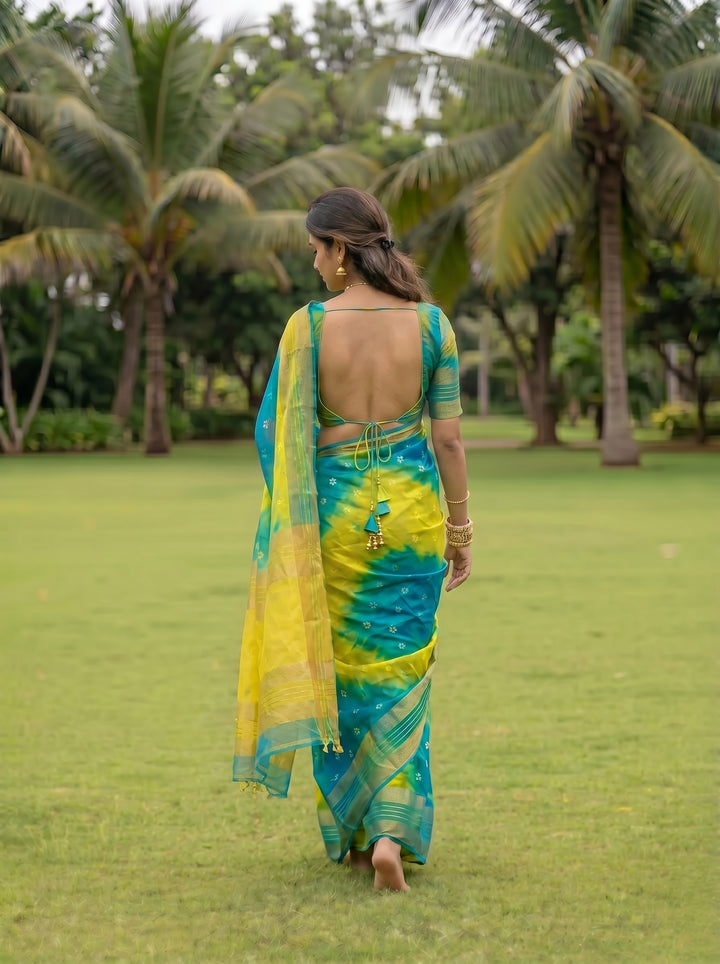 PREMIUM LIGHTWEIGHT GEORGETTE LEHERIYA SAREE WITH GOLDEN BUTTI & ZARI WOVEN BORDER - BLUE & YELLOW