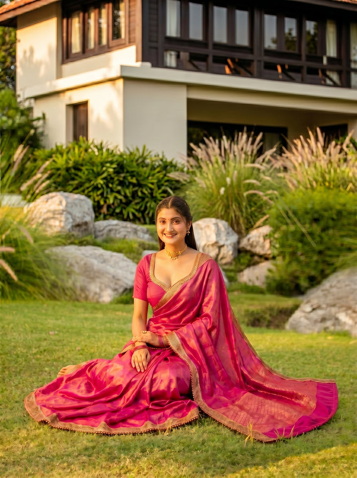 STUNNING RANI PINK METALLIC SHIMMER SAREE | DEEP MAGENTA DESIGNER ETHNIC WEAR WITH CUTWORK BORDER