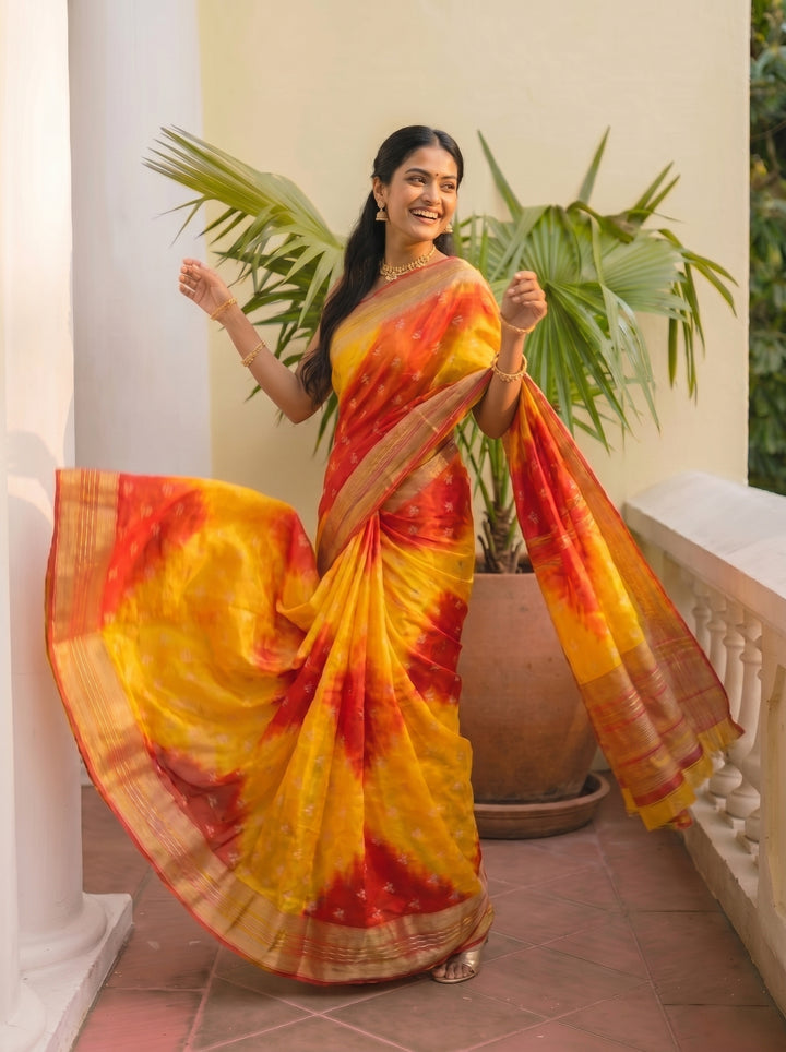 PREMIUM LIGHTWEIGHT GEORGETTE LEHERIYA SAREE WITH GOLDEN BUTTI & ZARI WOVEN BORDER - BLUE & YELLOW