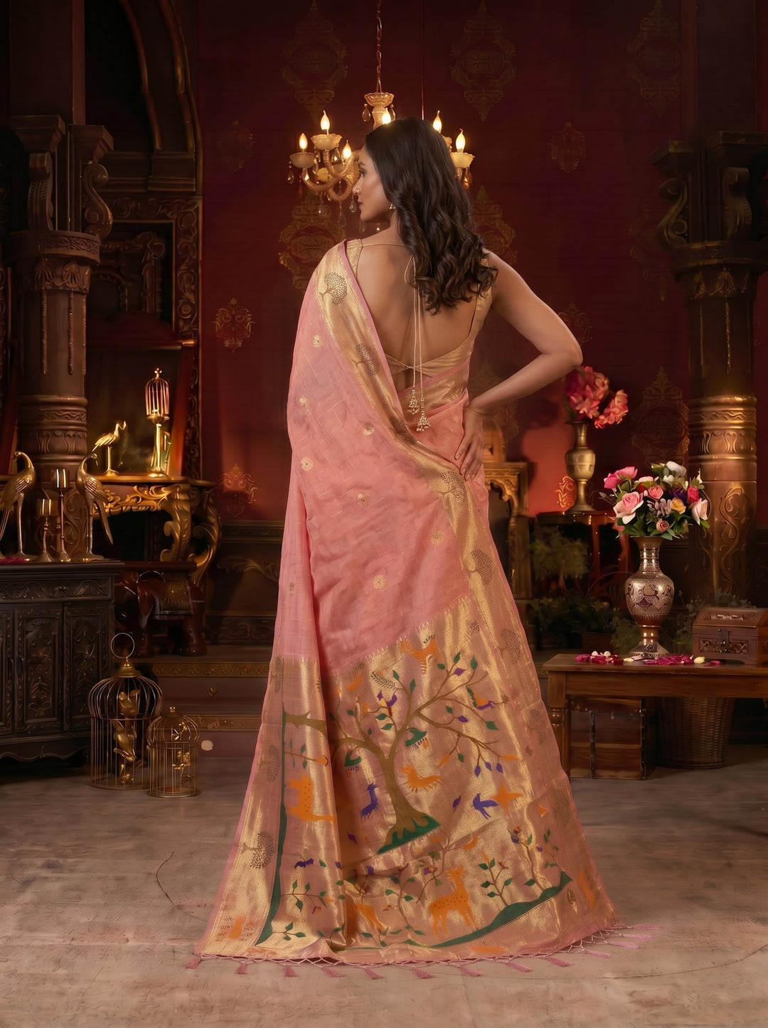 PEACH PINK SOFT COTTON SILK JACQUARD SAREE WITH COPPER-GOLDEN ZARI BORDER | NATURE-INSPIRED TREE & DEER MOTIF SAREE WITH UNSTITCHED BLOUSE