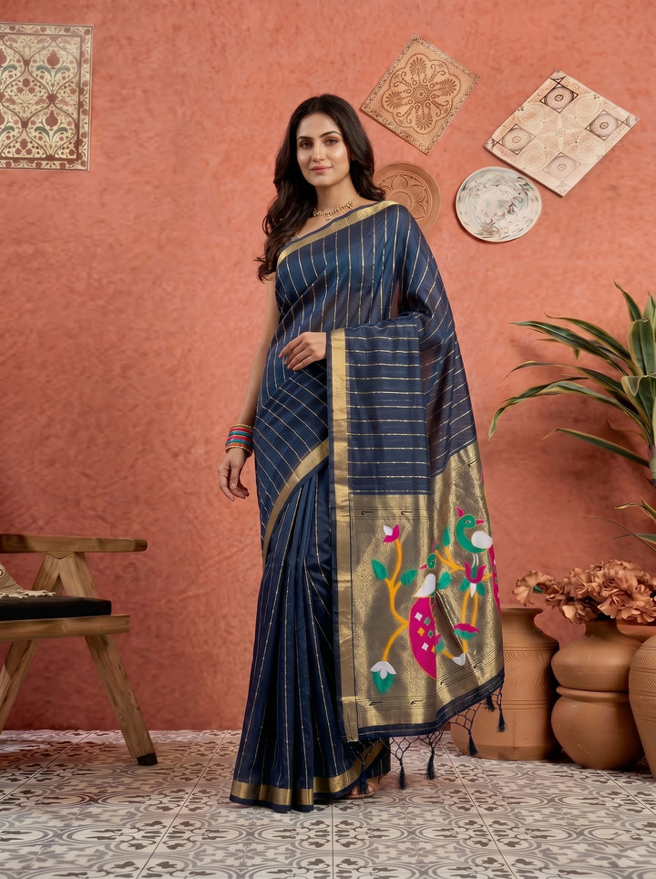 NAVY BLUE SOFT SILK SAREE - TRADITIONAL JACQUARD PAITHANI STYLE WITH MULTICOLORED MOR MOTIFS - SLIM SILHOUETTE GOLD ZARI STRIPE PATTERN