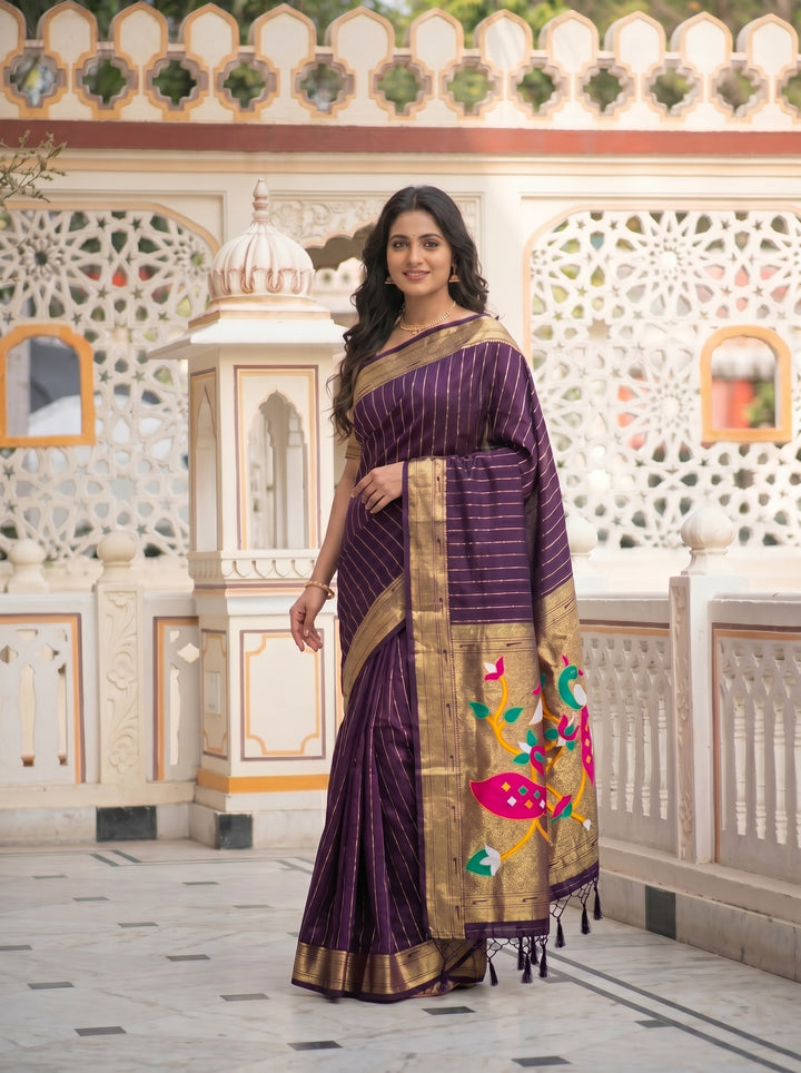 ROYAL WINE SOFT SILK PAITHANI STYLE SAREE WITH PEACOCK MOTIFS & ZARI BORDER | VERTICAL GOLD ZARI LINES FESTIVE SAREE WITH UNSTITCHED BLOUSE PIECE