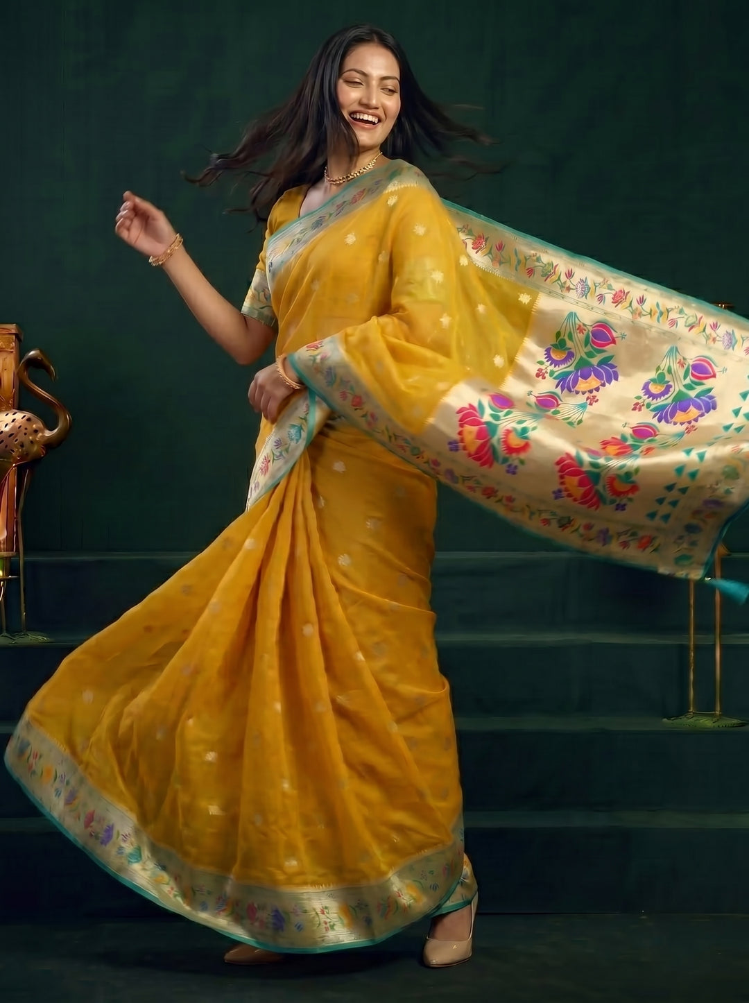 Mustard Yellow Paithani Motif Silk Saree