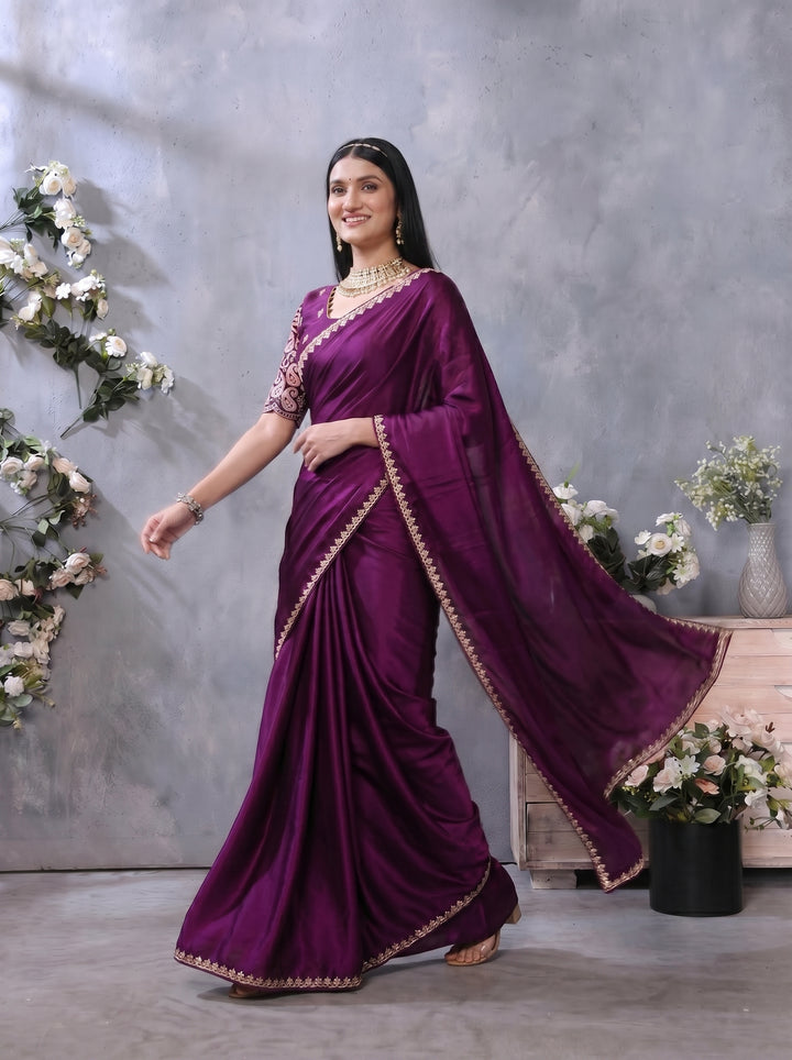 PREMIUM SOFT DILMOHI SILK SAREE WITH SCALLOPED EMBROIDERY BORDER & HEAVY WORK BLOUSE PIECE