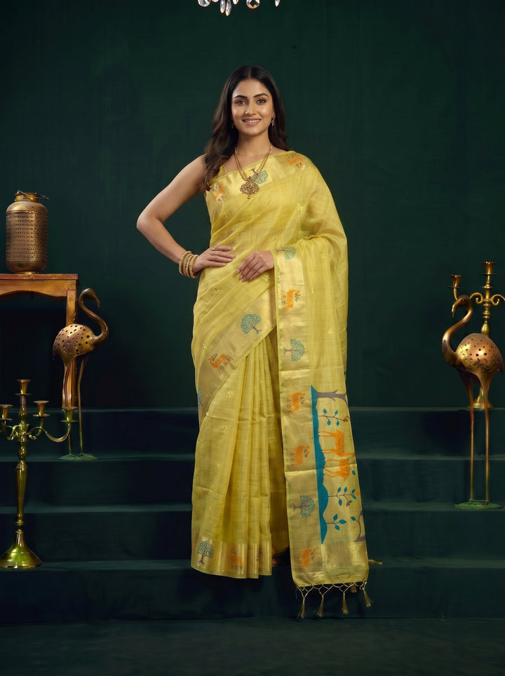 LEMON YELLOW SOFT COTTON SILK JACQUARD SAREE WITH GOLDEN ZARI BORDER | NATURE-THEMED TREE & DEER MOTIF SAREE WITH UNSTITCHED BLOUSE PIECE