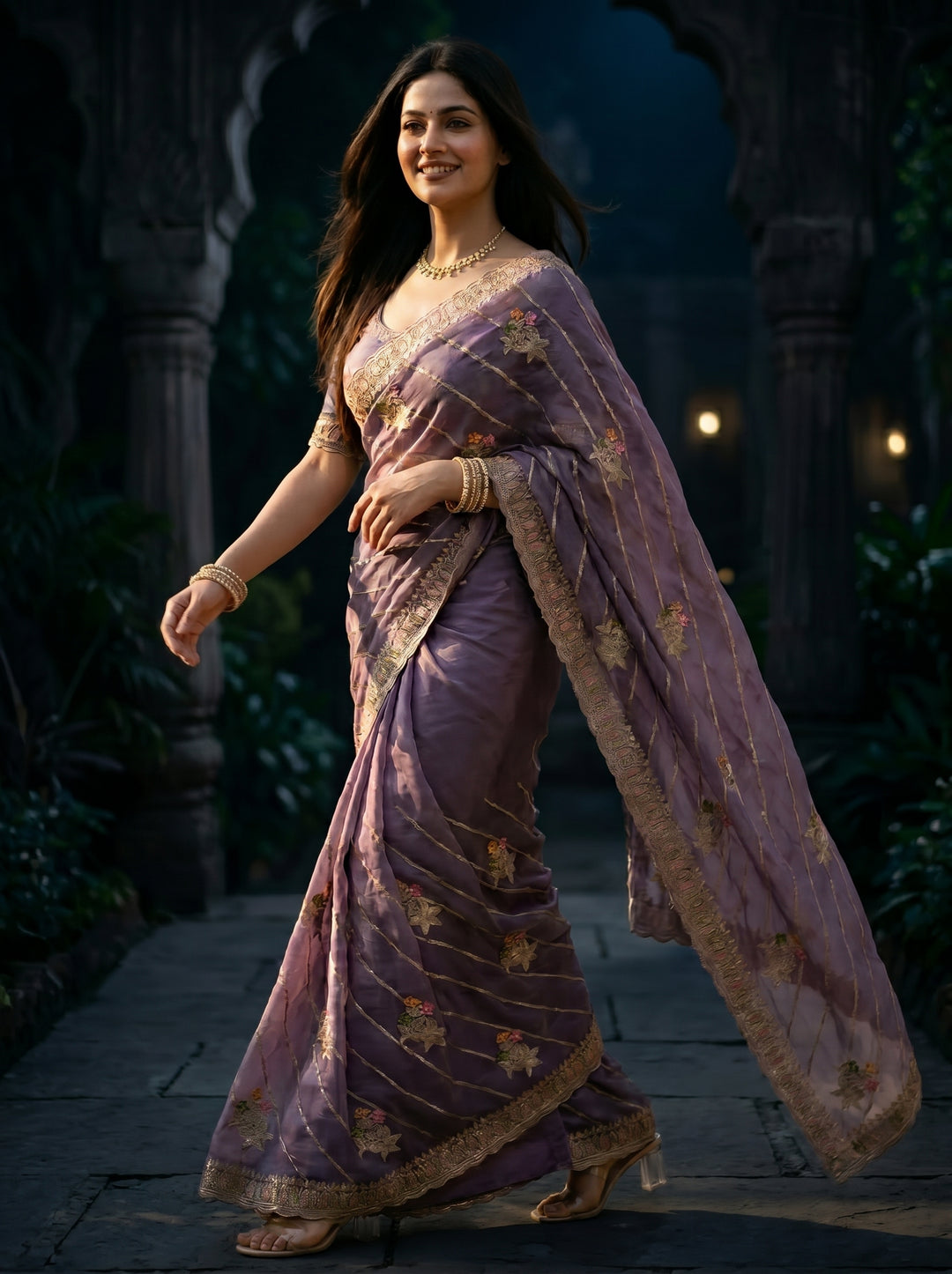 Mauve Organza Silk Leheriya Saree