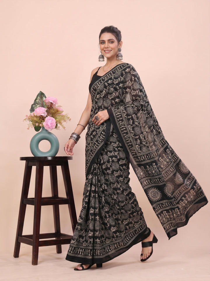 PREMIUM SOFT ART SILK WARLI PRINT SAREE WITH TRADITIONAL TRIBAL ART & MATCHING BLOUSE - BLACK & WHITE