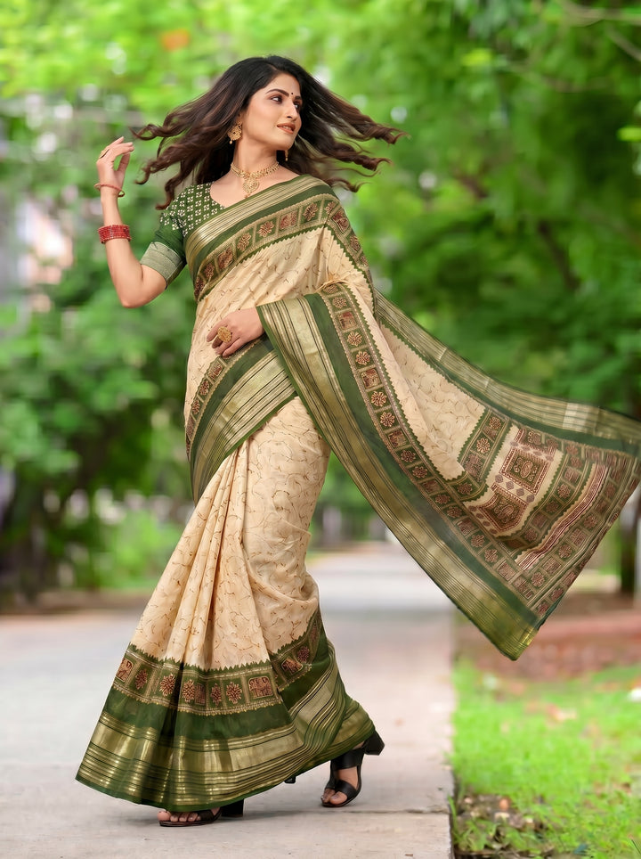 DESIGNER CREAM SOFT SILK SAREE WITH OLIVE GREEN BORDER | TRADITIONAL MOTIF PRINTED PALLU & VERTICAL ZARI STRIPES