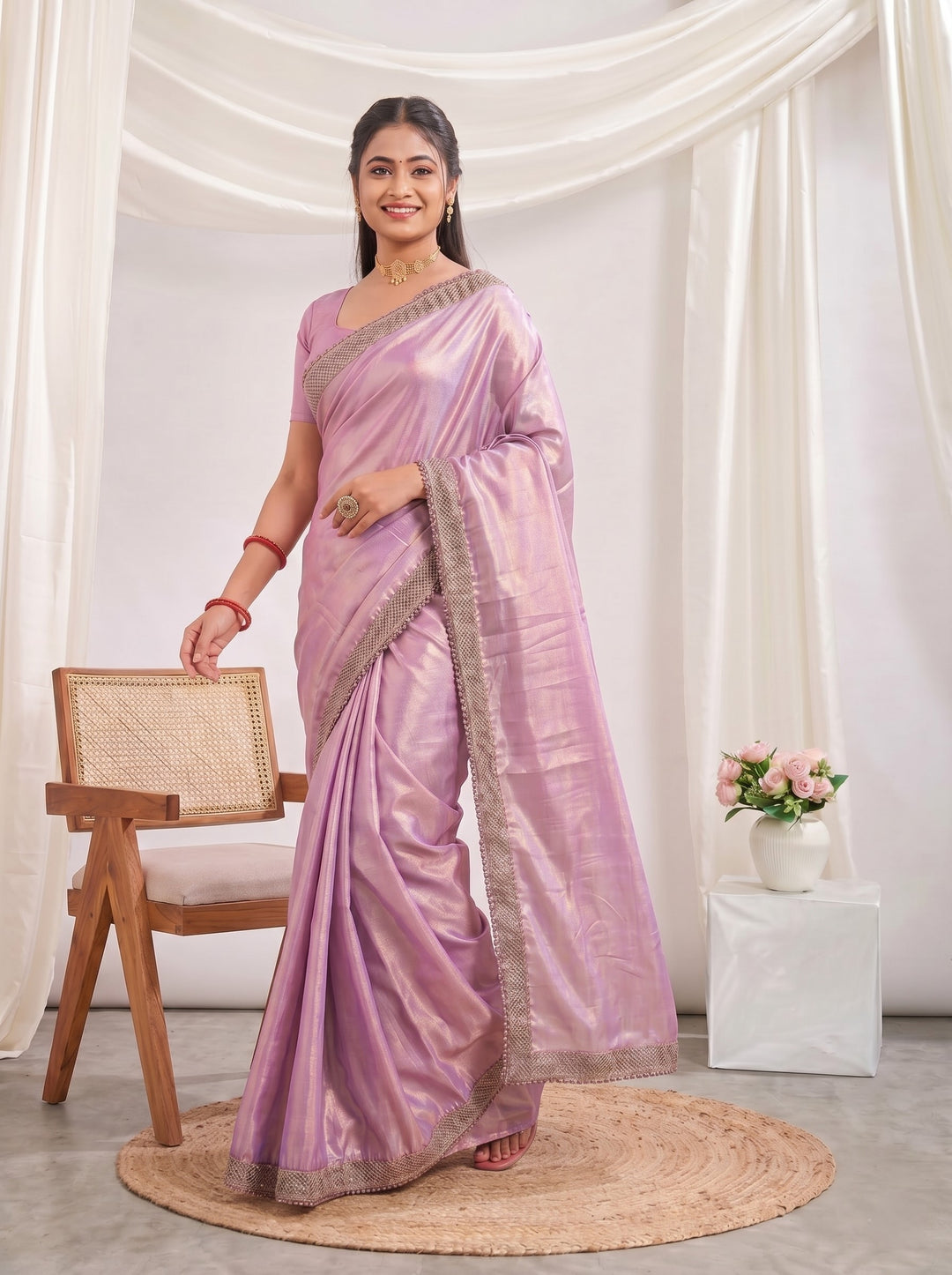 STUNNING DUSTY BLUE METALLIC GEORGETTE SAREE | ROSE-GOLD CUTWORK BORDER DESIGNER ETHNIC WEAR | GLAMOROUS STEEL GREY PARTY WEAR SAREE