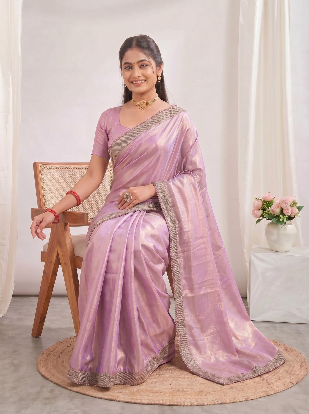 STUNNING DUSTY BLUE METALLIC GEORGETTE SAREE | ROSE-GOLD CUTWORK BORDER DESIGNER ETHNIC WEAR | GLAMOROUS STEEL GREY PARTY WEAR SAREE
