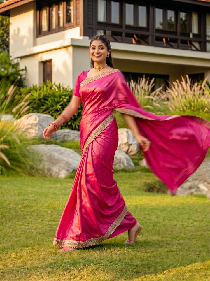 STUNNING RANI PINK METALLIC SHIMMER SAREE | DEEP MAGENTA DESIGNER ETHNIC WEAR WITH CUTWORK BORDER